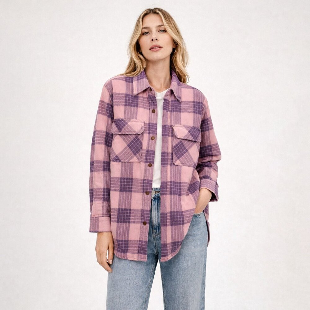 Aritzia Pink and Purple Plaid Button-Down Shirt Jacket